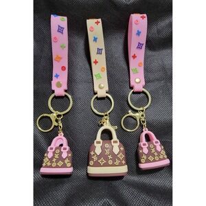 Monogram Purse Keychain Charm Silicone Wristlet Pink Cream Gold Tone Hardware